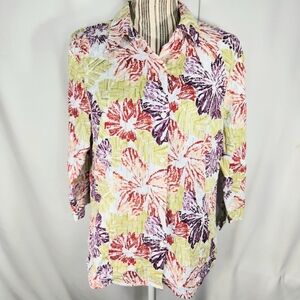 JM Collection White & Multi Floral 3/4 Sleeve Button Down Top Plus Size 14